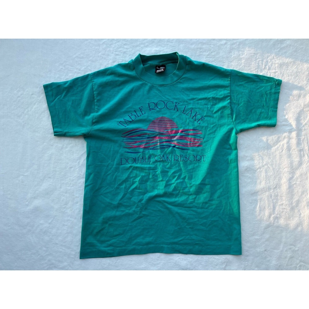 Table Rock Lake Double Oak Resort Single Stitch Teal Large Fruit Of The Loom Tag